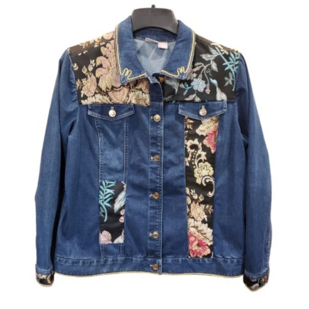 Chico's Size 2 Us Size 12/14 Floral Denim Jean Jacket